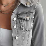 Fitted Grey Denim Jacket Women Ruffle Hem Peplum Flare Cuff Feminine