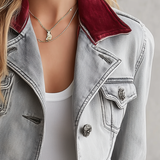 Cropped Grey Denim Jacket Women Burgundy Velvet Collar Cuff Vintage Fall Trucker