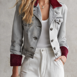 Cropped Grey Denim Jacket Women Burgundy Velvet Collar Cuff Vintage Fall Trucker