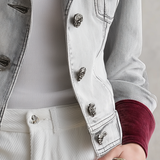 Cropped Grey Denim Jacket Women Burgundy Velvet Collar Cuff Vintage Fall Trucker