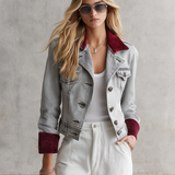 Cropped Grey Denim Jacket Women Burgundy Velvet Collar Cuff Vintage Fall Trucker