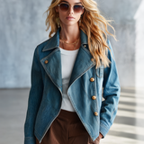 Cropped Fitted Denim Jacket Women Gold Buttons Asymmetric Hem Western Fall
