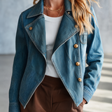 Cropped Fitted Denim Jacket Women Gold Buttons Asymmetric Hem Western Fall