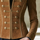 Casual Retro Gold-ribbed Camel-colored Faux Suede Zip-up Jacket