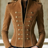 Casual Retro Gold-ribbed Camel-colored Faux Suede Zip-up Jacket
