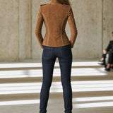Casual Retro Gold-ribbed Camel-colored Faux Suede Zip-up Jacket