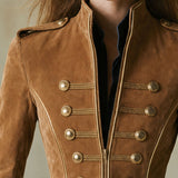 Casual Retro Gold-ribbed Camel-colored Faux Suede Zip-up Jacket