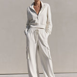Casual Sports White Cotton Half-zip Sweatshirt And Cargo Pants Set