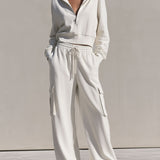 Casual Sports White Cotton Half-zip Sweatshirt And Cargo Pants Set