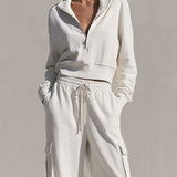 Casual Sports White Cotton Half-zip Sweatshirt And Cargo Pants Set