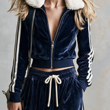 Retro-style Sporty Faux Fur Collar Blue Velvet Jacket And Pants Set