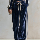 Retro-style Sporty Faux Fur Collar Blue Velvet Jacket And Pants Set
