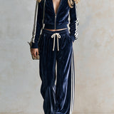 Retro-style Sporty Faux Fur Collar Blue Velvet Jacket And Pants Set