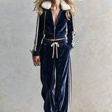 Retro-style Sporty Faux Fur Collar Blue Velvet Jacket And Pants Set