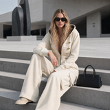 Vintage Cream Hooded Gold-Button Zip-Front Cargo Wide-Leg Military Jumpsuit Women