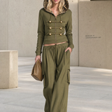 Vintage Military Olive Hooded Gold-Button Zip Hoodie Cargo Pants Set Women