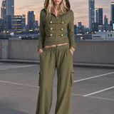 Vintage Military Olive Hooded Gold-Button Zip Hoodie Cargo Pants Set Women