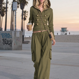 Vintage Military Olive Hooded Gold-Button Zip Hoodie Cargo Pants Set Women