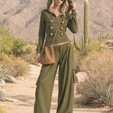 Vintage Military Olive Hooded Gold-Button Zip Hoodie Cargo Pants Set Women