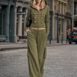 Vintage Military Olive Hooded Gold-Button Zip Hoodie Cargo Pants Set Women