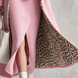 Retro-chic Pink Knit Dress And Leopard-print Lined Wool Blend Coat
