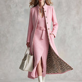 Retro-chic Pink Knit Dress And Leopard-print Lined Wool Blend Coat