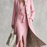 Retro-chic Pink Knit Dress And Leopard-print Lined Wool Blend Coat