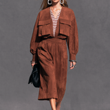 Women's Casual Reddish-Brown Suede Long-Sleeve Jumpsuit (Faux-Layered Style) MDZ2773H1LXY