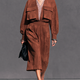 Women's Casual Reddish-Brown Suede Long-Sleeve Jumpsuit (Faux-Layered Style) MDZ2773H1LXY