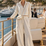 Casual Sports White Cotton Half-zip Sweatshirt And Cargo Pants Set