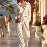 Casual Sports White Cotton Half-zip Sweatshirt And Cargo Pants Set