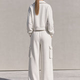 Casual Sports White Cotton Half-zip Sweatshirt And Cargo Pants Set