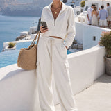 Casual Sports White Cotton Half-zip Sweatshirt And Cargo Pants Set