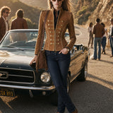 Casual Retro Gold-ribbed Camel-colored Faux Suede Zip-up Jacket