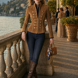 Casual Retro Gold-ribbed Camel-colored Faux Suede Zip-up Jacket