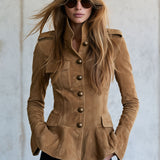 Casual Retro Camel-colored Faux Suede Jacket