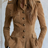 Casual Retro Camel-colored Faux Suede Jacket