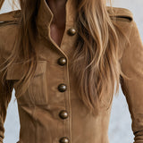 Casual Retro Camel-colored Faux Suede Jacket
