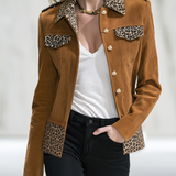 Retro-casual Elegant Corduroy Jacket With Leopard Print Panels