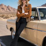 Retro-casual Elegant Corduroy Jacket With Leopard Print Panels
