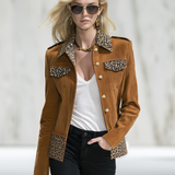 Retro-casual Elegant Corduroy Jacket With Leopard Print Panels