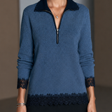 Women's Contrast Lace Elegant Half-Zip Long-Sleeve Top MDZ2706H4GMJ