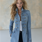Women's Military Style Fitted Light Wash Denim Jacket With Decorative Buttons