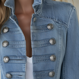 Women's Military Style Fitted Light Wash Denim Jacket With Decorative Buttons