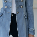 Women's Military Style Fitted Light Wash Denim Jacket With Decorative Buttons