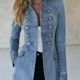 Women's Military Style Fitted Light Wash Denim Jacket With Decorative Buttons