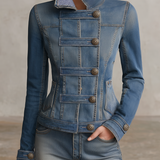 Blue Military Denim Jacket Women Stand Collar Fitted Gingham Lined Western