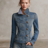 Blue Military Denim Jacket Women Stand Collar Fitted Gingham Lined Western