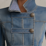 Blue Military Denim Jacket Women Stand Collar Fitted Gingham Lined Western