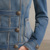 Blue Military Denim Jacket Women Stand Collar Fitted Gingham Lined Western